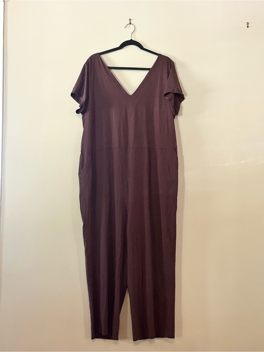 Universal Standard Relaxed V-Neck Short Sleeve Knit Jumpsuit in Plum